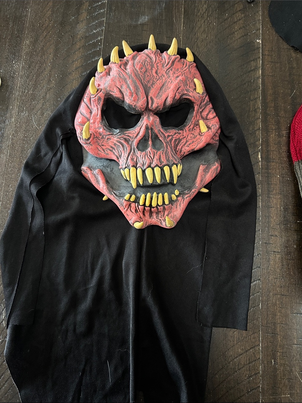 Red Demon Skull Hooded Costume Mask with Yellow Teeth